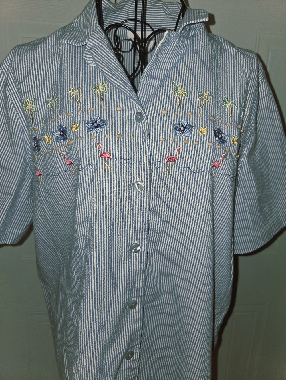 Alfred Dunner Seersucker Flamingo Embroidered Button Front Shirt Size 12 Coastal